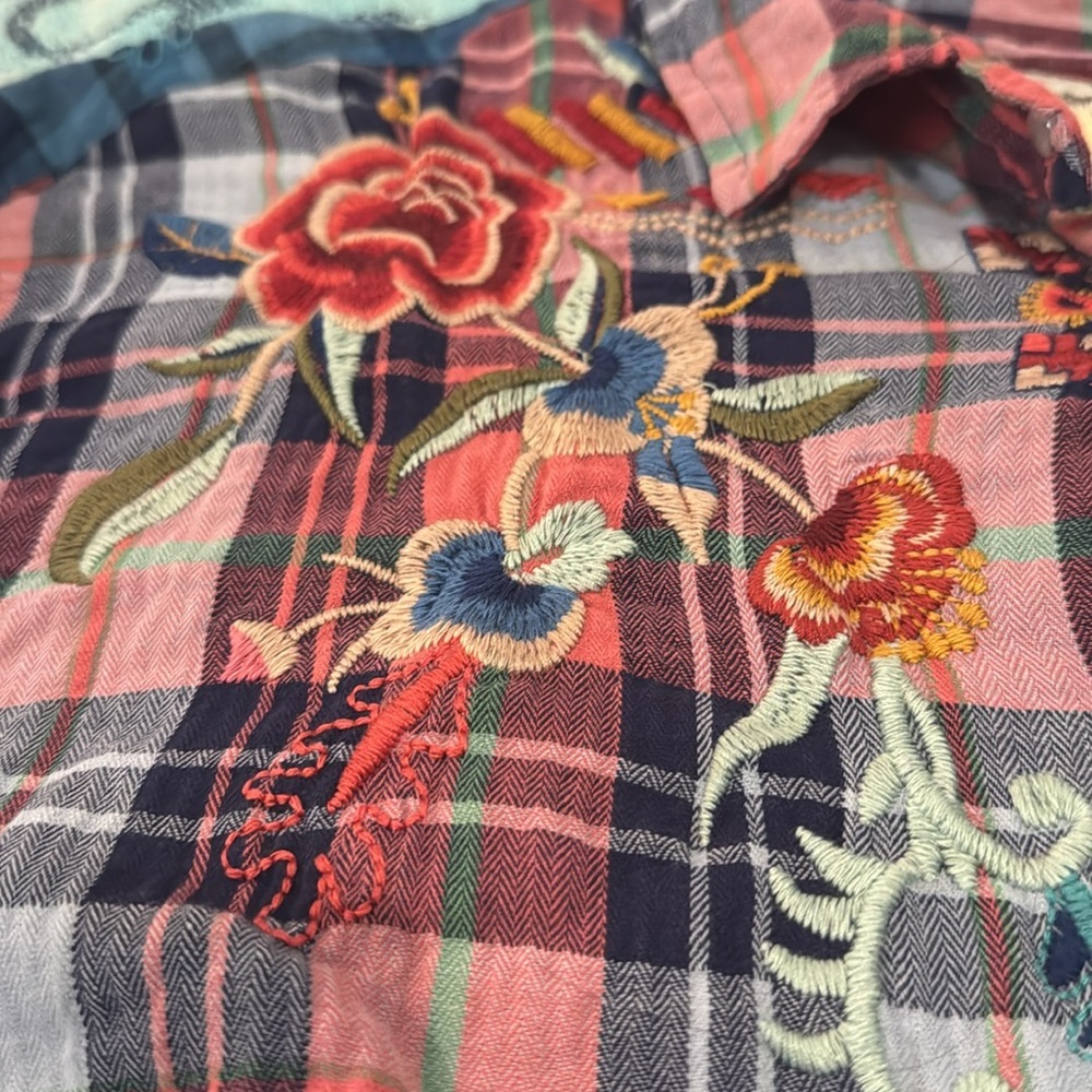 Johnny Was Pink and Blue Plaid Embroidered Eliona snap Button-Up Top - Picture 12 of 16